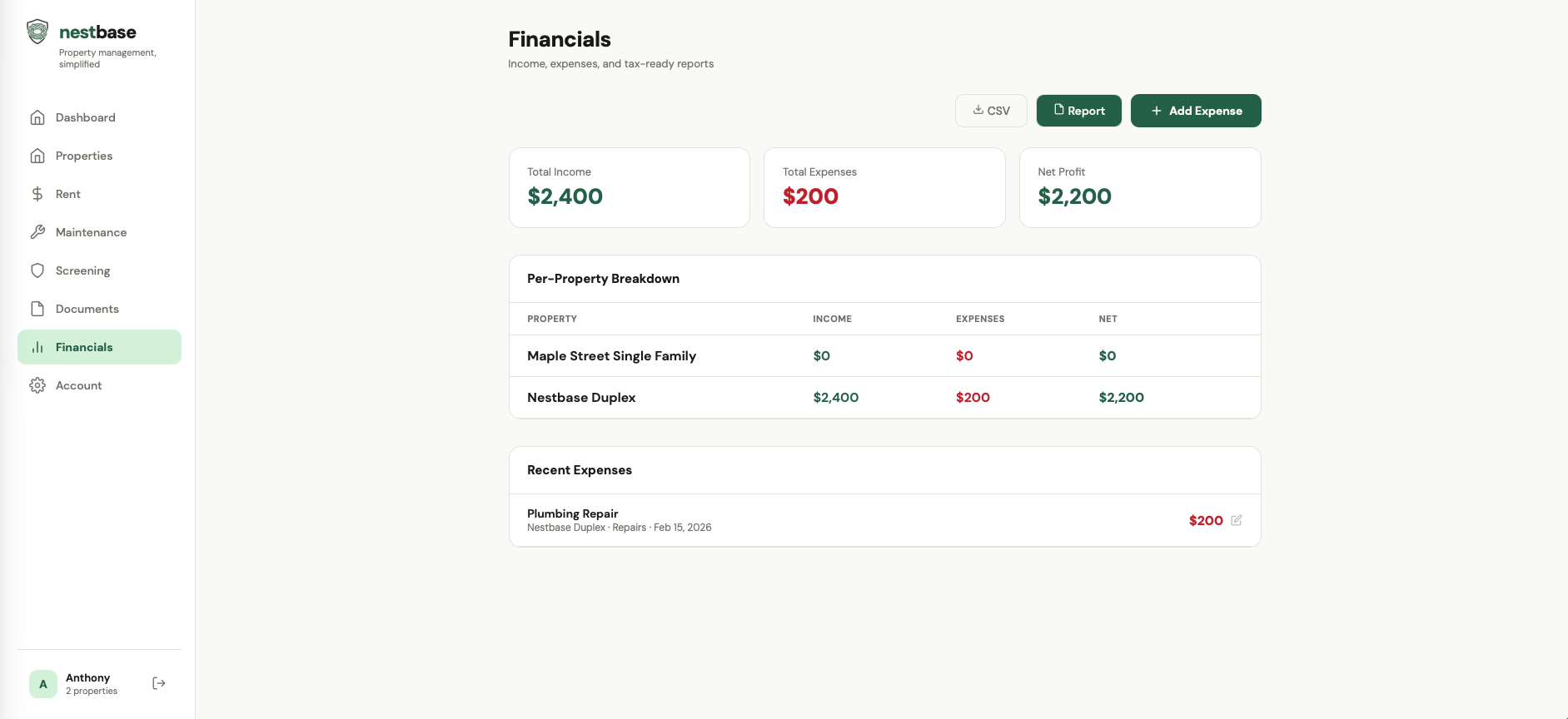 Nestbase Financials — income, expenses, and net profit reports