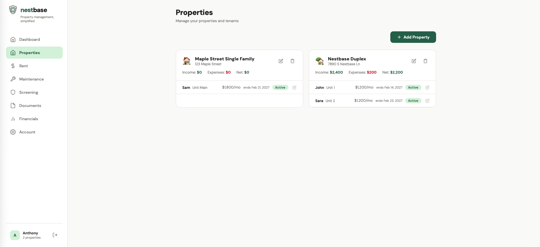 Nestbase Properties — property cards with tenant details