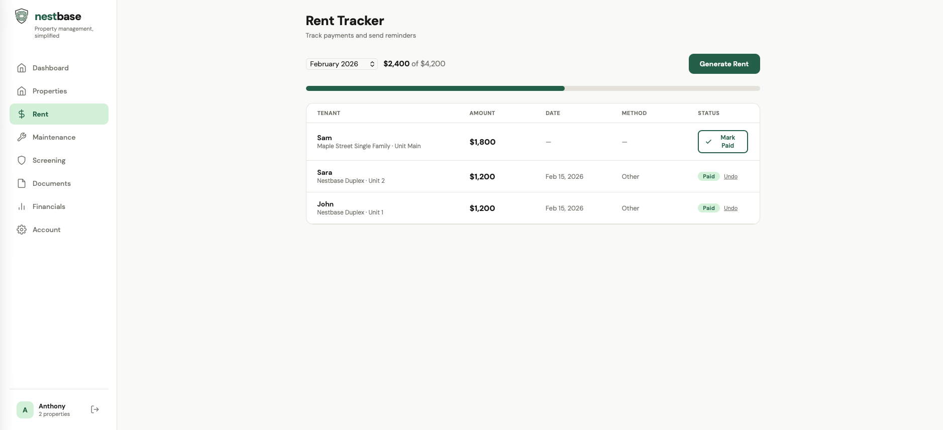 Nestbase Rent Tracker — payment status and collection progress